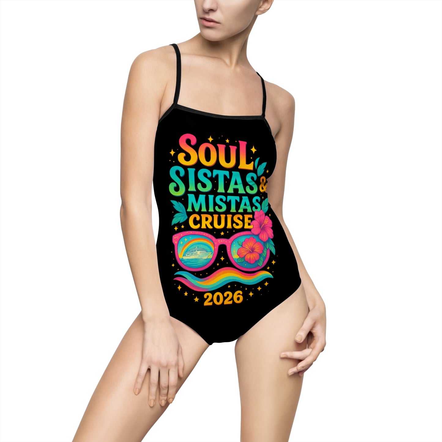 Vibrant Soul Sistas and Mistas Cruise 2026 Black One-Piece Swimsuit for Tropical Getaways, Cruise Wear, Beach Day, Pool Party, Summer Fun