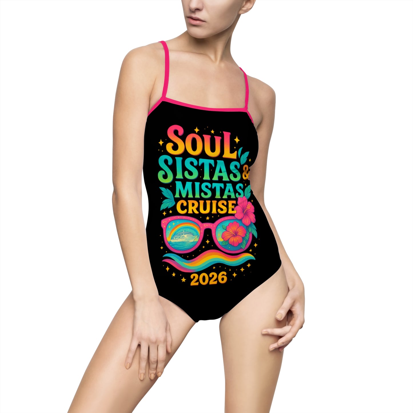 Vibrant Soul Sistas and Mistas Cruise 2026 Black One-Piece Swimsuit for Tropical Getaways, Cruise Wear, Beach Day, Pool Party, Summer Fun