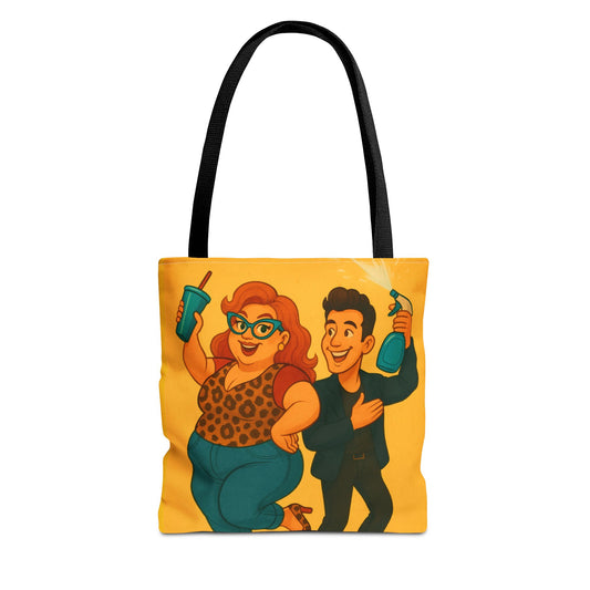 Fun Character Tote Bag, AOP, Gift for Movie Lovers, Stylish Shopping Bag, Vacation Tote, Unique Art Print Bag