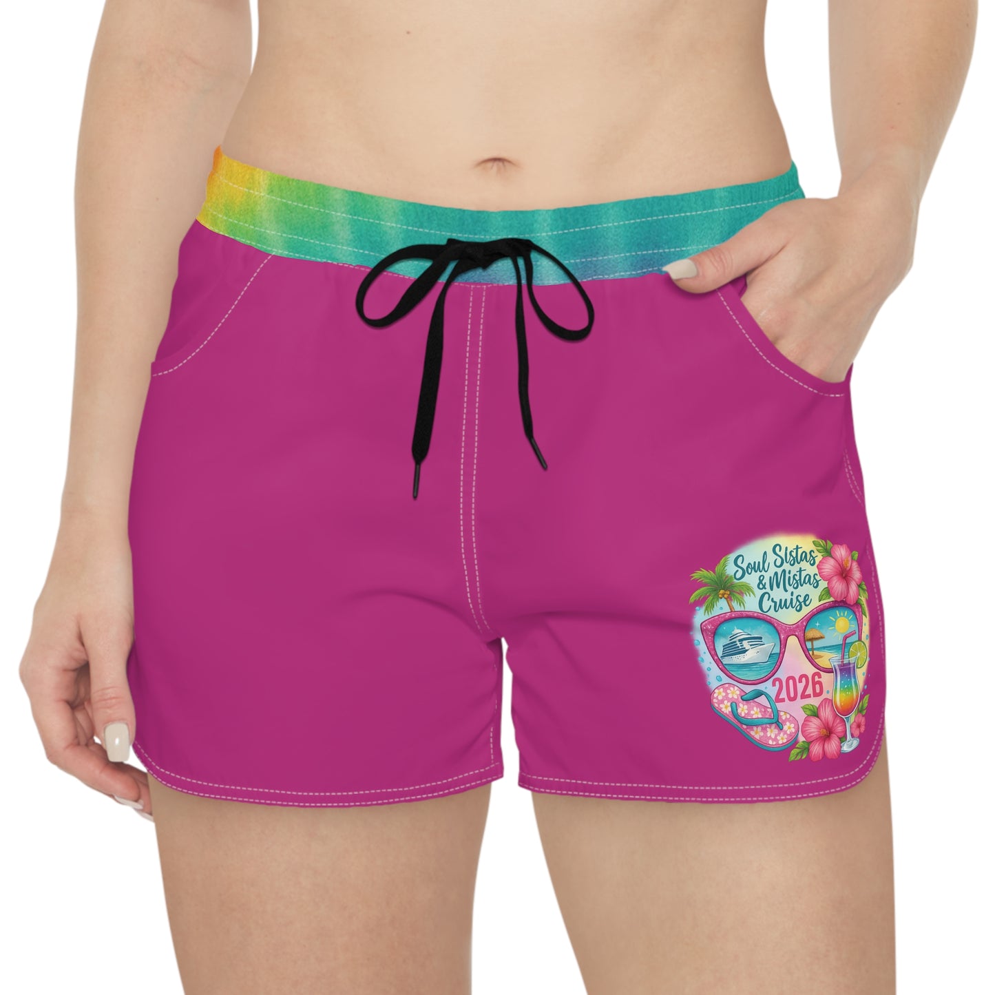 Soul Sistas and Mistas Cruise 2026 Vibrant Pink Women’s Casual Shorts, Trendy Summer Shorts, Festival Wear, Beach Outfit, Comfortable Lounge Shorts