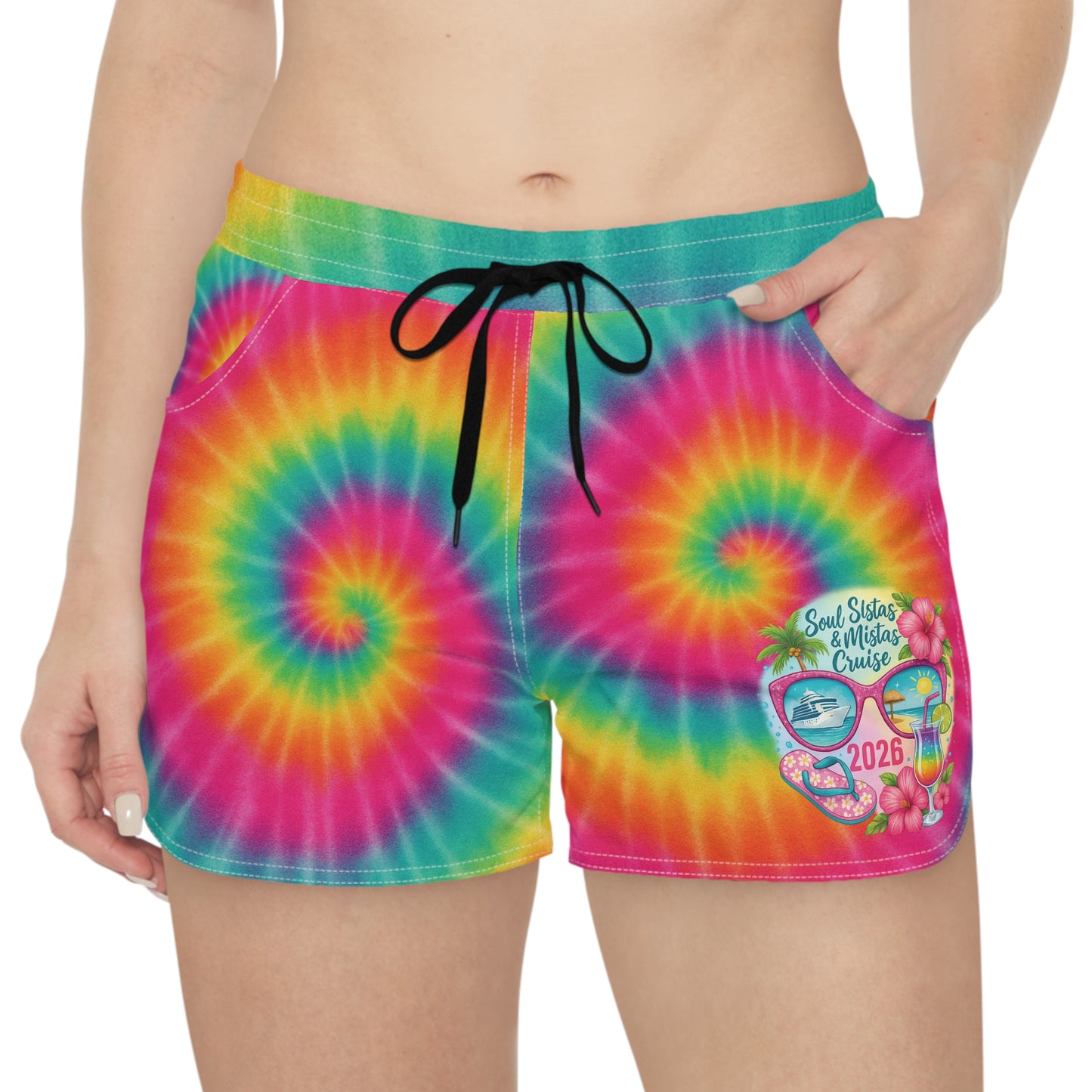 Soul Sistas and Mistas Cruise 2026 (Tie-Dye) Vibrant Tie-Dye Women’s Casual Shorts, Trendy Summer Shorts, Festival Wear, Beach Outfit, Comfortable Lounge Shorts