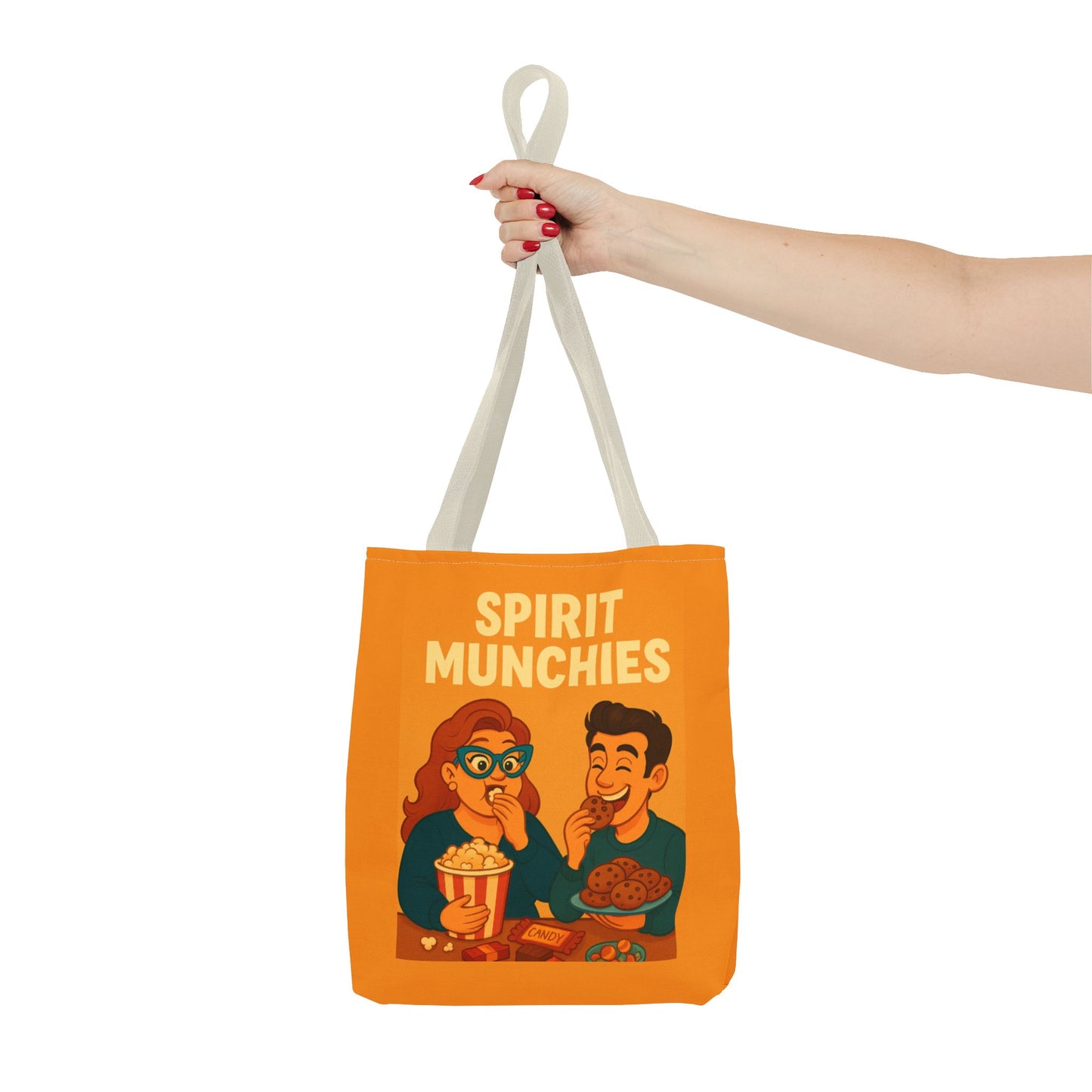Spirt Munchies Grocery  Tote Bag, AOP, Gift for Movie Lovers, Stylish Shopping Bag, Vacation Tote, Unique Art Print Bag